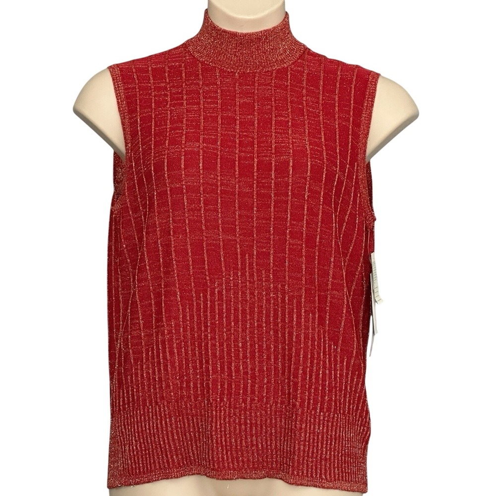 Festive Classic Womans Top Plus 1X Red Gold Sparkle Mock Cocktail Evening Glam